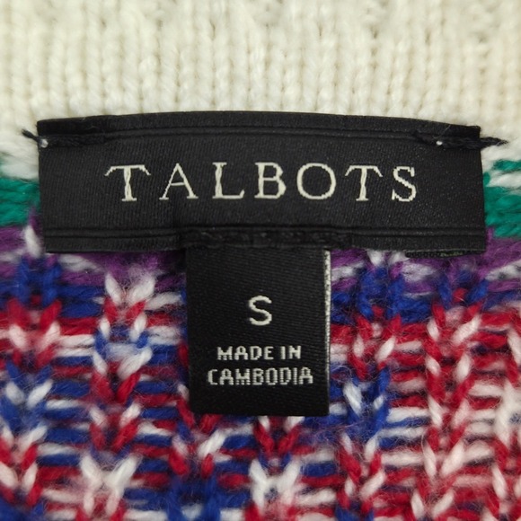 Talbots Fair Isle Cardigan Cable Knit Sweater White Blue Red Womens Small‎ - Picture 3 of 6